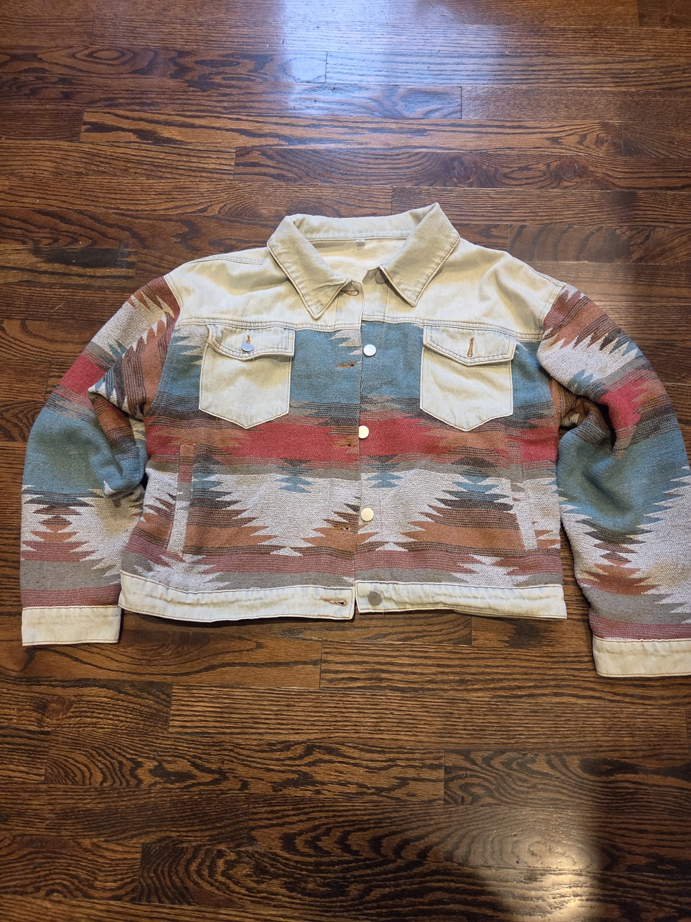 Aztec-Pattern Jean Jacket in Teal, Rust & Cream - Women's Jean Jacket